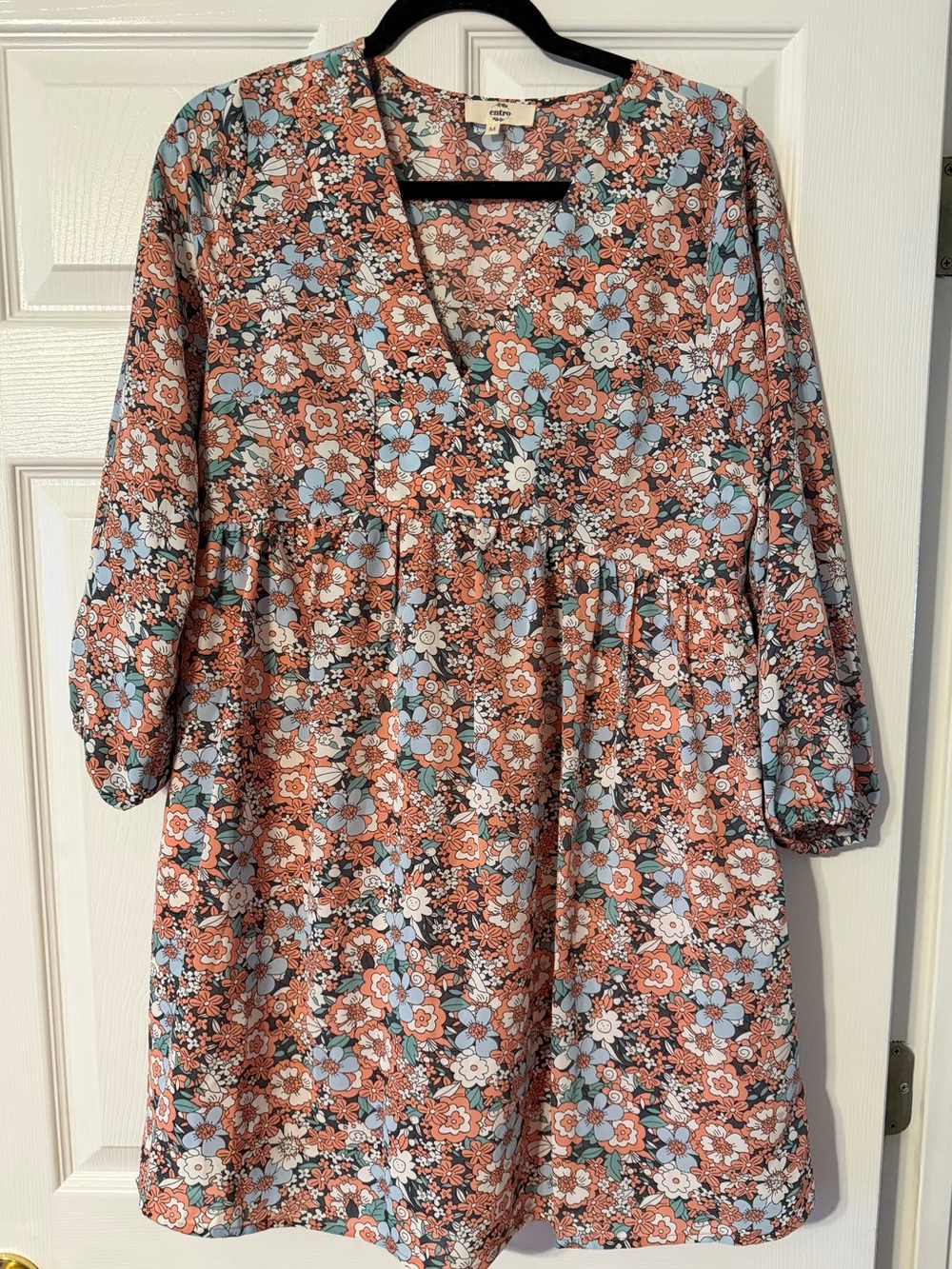 Floral V-Neck Babydoll Dress — Rust & Light Blue